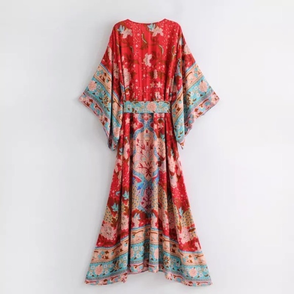 SOLD OUT Bohemian Red Floral Gypsy Kimono Long Maxi Dress - Picture 2 of 16